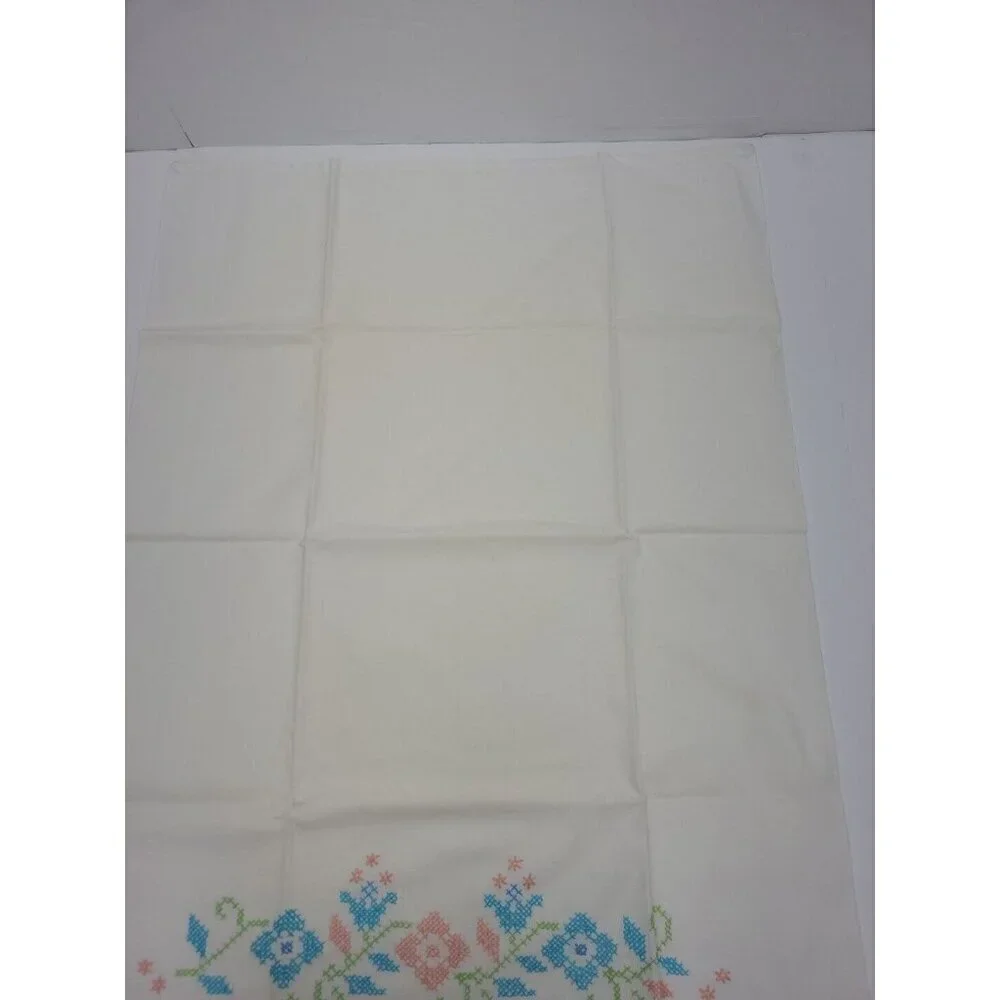 Vintage Handmade Cross Stitch Pillowcase Standard Size Floral Scalloped Edge
